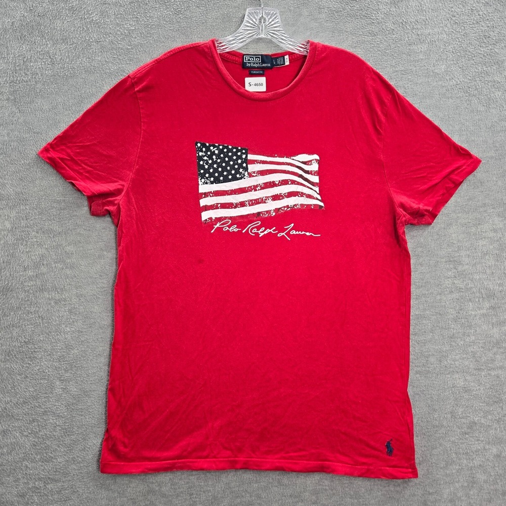 Ralph Lauren Men Shirt Large Red American Flag Graphic Short Sleeve READ